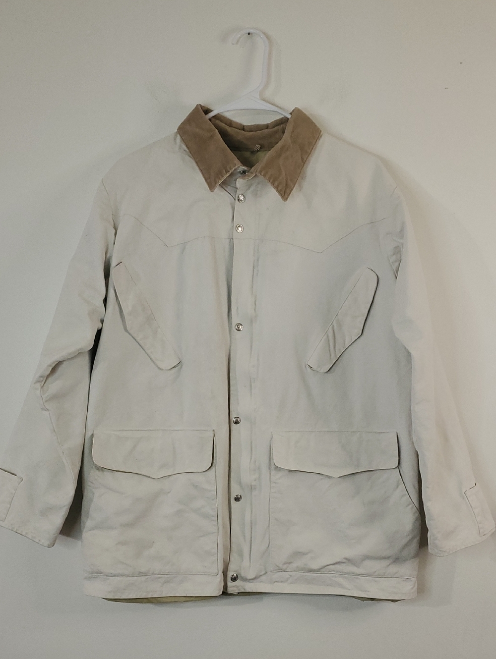 Vintage J. Peterman Cream Field Chore Jacket with Tan Corduroy Collar Size Small